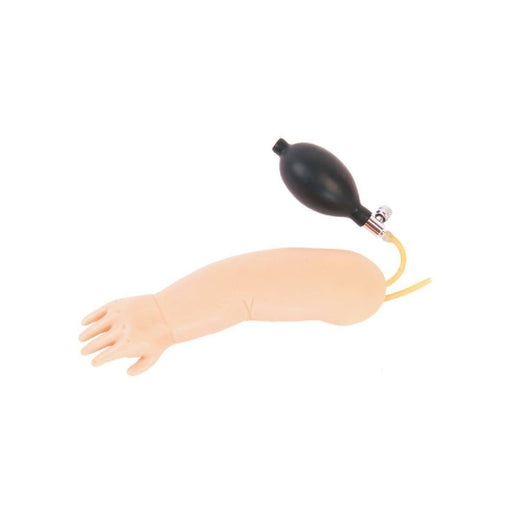 A prosthetic arm is being inflated via a bulb pump; this is against a plain white background.