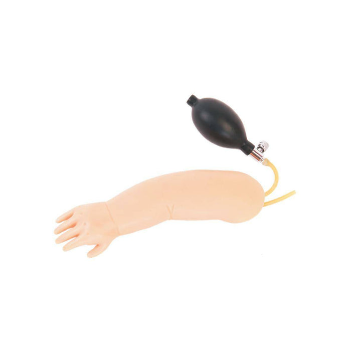 A prosthetic arm is being inflated via a bulb pump; this is against a plain white background.