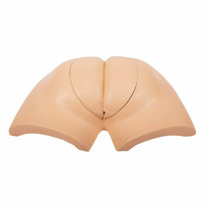 A flesh-toned anatomical model of buttocks rests on a white background.