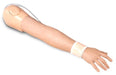 A realistic artificial arm lies on a white background; it has an attached tube and a bandage on its wrist.