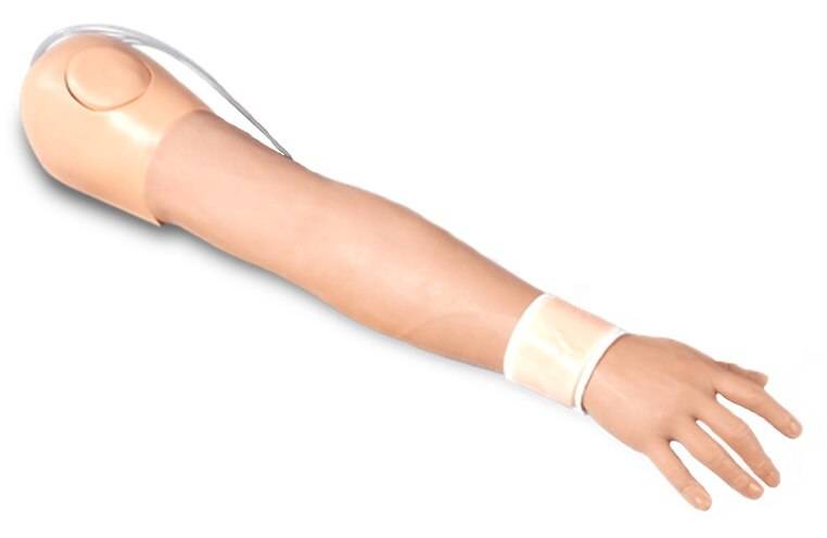 A realistic artificial arm lies on a white background; it has an attached tube and a bandage on its wrist.