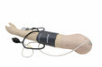 A blood pressure cuff is wrapped around a mannequin arm; a sphygmomanometer and tubing are attached. The setup rests on a plain, light background.