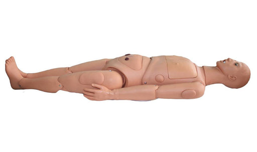 A life-sized anatomical mannequin lies supine on a plain white background. It is a training aid for medical professionals.