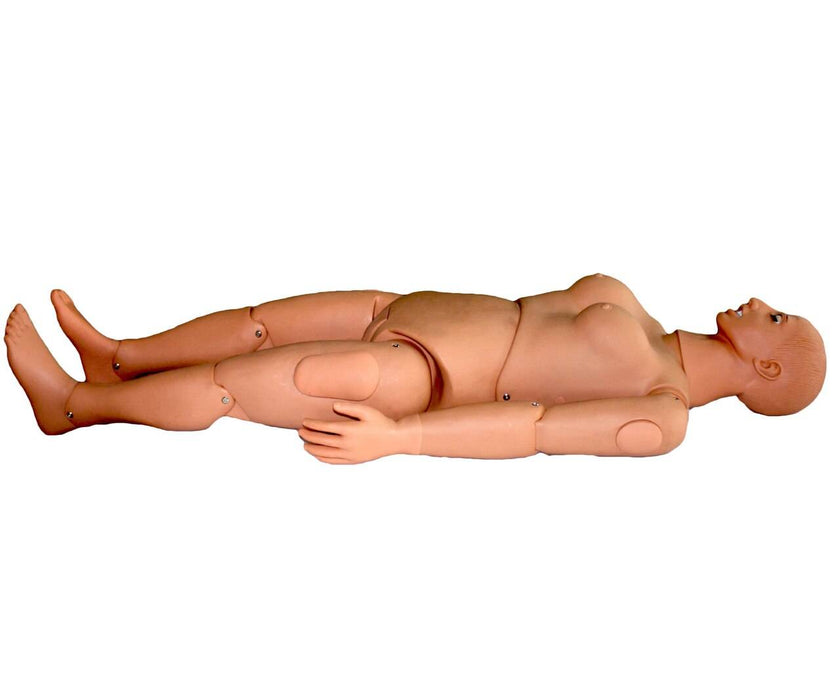 A medical training mannequin lies supine on a white background.