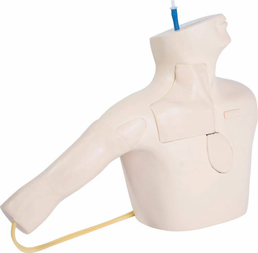 A medical training mannequin's upper body, receiving an intravenous injection, rests on a surface.