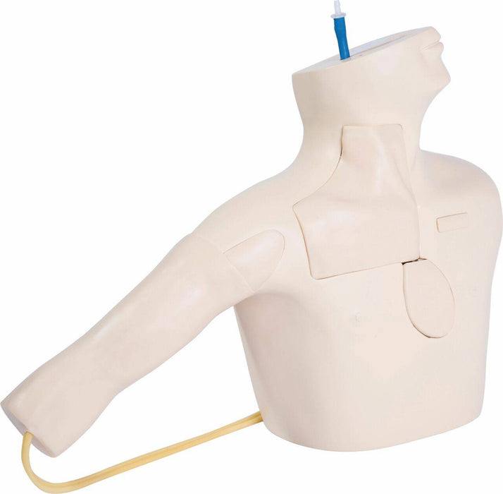 A medical training mannequin's upper body, receiving an intravenous injection, rests on a surface.