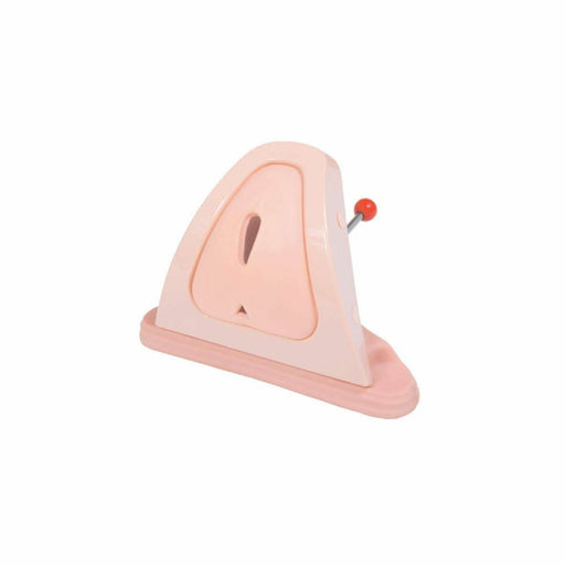 A pale pink anatomical model of a human vulva sits on a white background; a small red pin is inserted near its upper right corner.