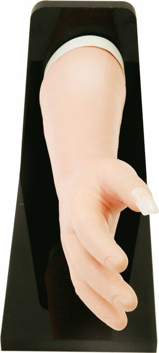 A pale, realistic arm and hand extends forward from a black, rectangular sleeve against a white backdrop. One fingernail is long and white.