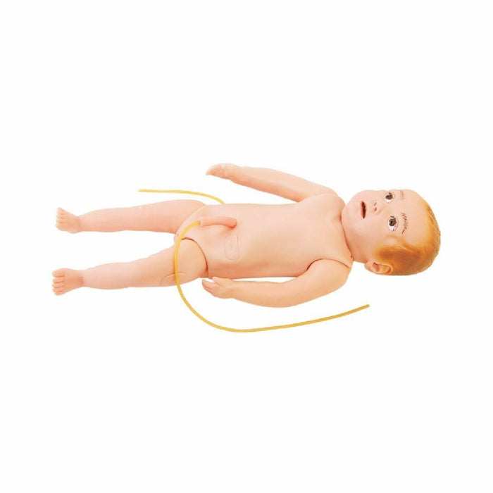 A baby doll lies on its back. A thin yellow tube wraps around the doll’s midsection on a white background.