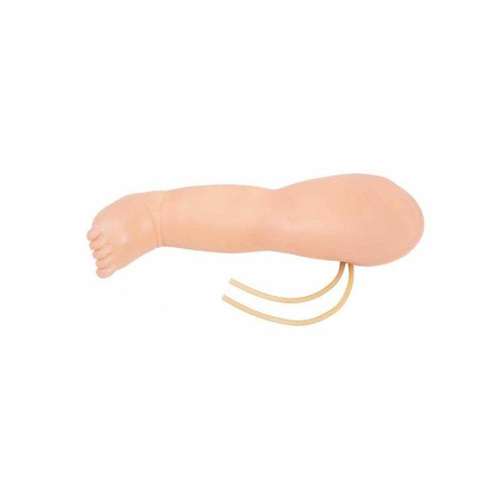A realistic doll's leg is laying on its side in a white space. Two tubes extend from the top of the leg.