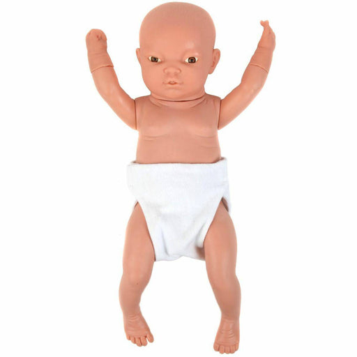 A baby doll is posed with arms raised, wearing a white diaper, against a white background.