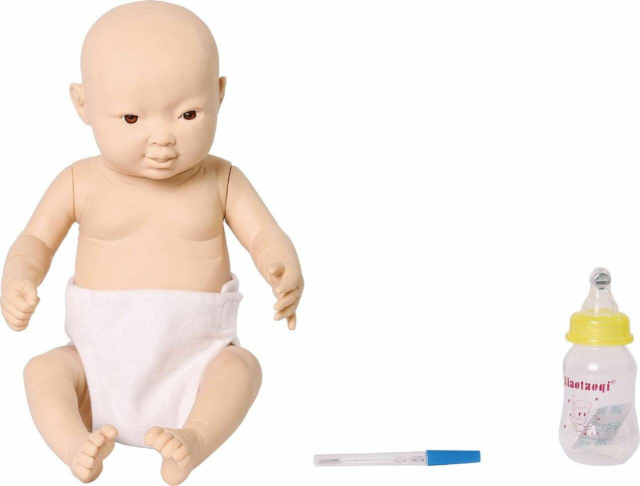 A baby doll sits wearing a diaper, accompanied by a baby bottle and thermometer.