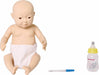 A baby doll sits wearing a diaper, accompanied by a baby bottle and thermometer.