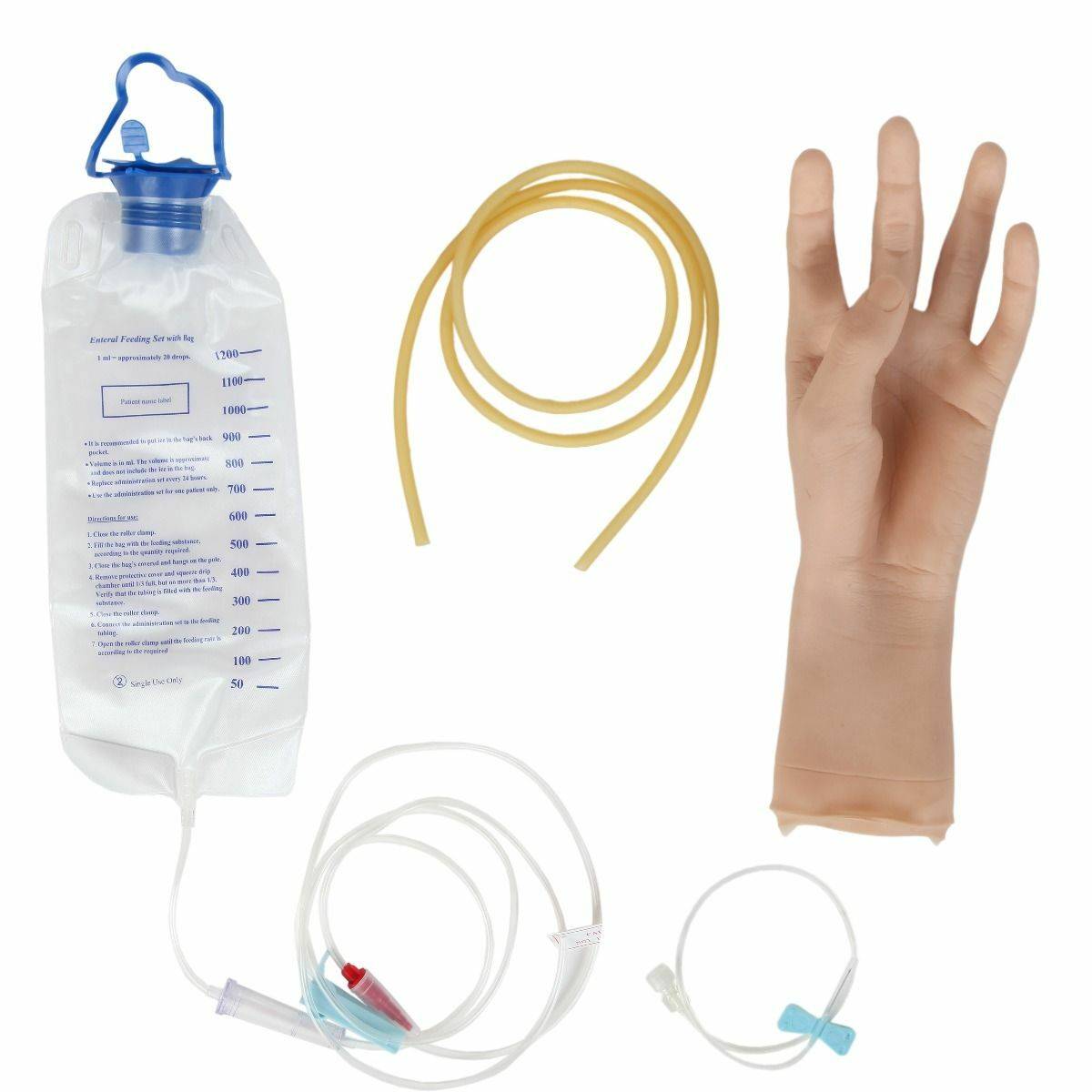 A feeding bag with tubes and an IV catheter is next to a hand. The feeding bag reads, "Enteral Feeding Set with bag 1ml = approximately 20 drops" with measurements up to 1200ml.