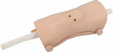 A prosthetic arm displays puncture holes, with a bone-like rod extruding from its open end, against a white background.