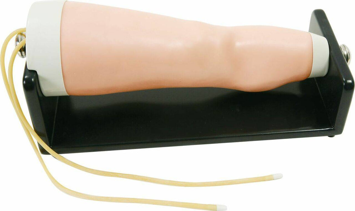 A synthetic arm rests on a black stand, with two yellowish tubes coming out of its wrist area. The arm is pinkish-beige.