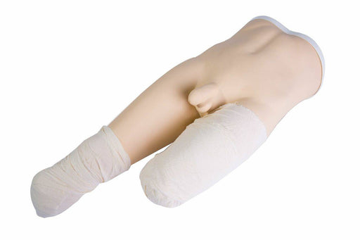 A light-skinned, male anatomical model is shown with its extremities wrapped in cloth bandages, and a white background.