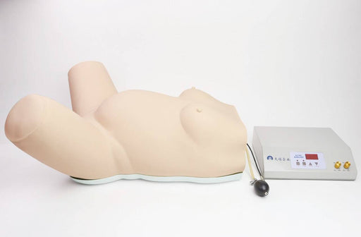 A mannequin of a pregnant woman's torso lies on a white surface, connected to a machine. The machine has a logo with the text: "天堂企业", with some buttons as well.