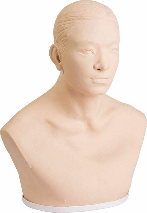 A mannequin bust stands, facing forward. It is a light peach color, and it is set against a white background.