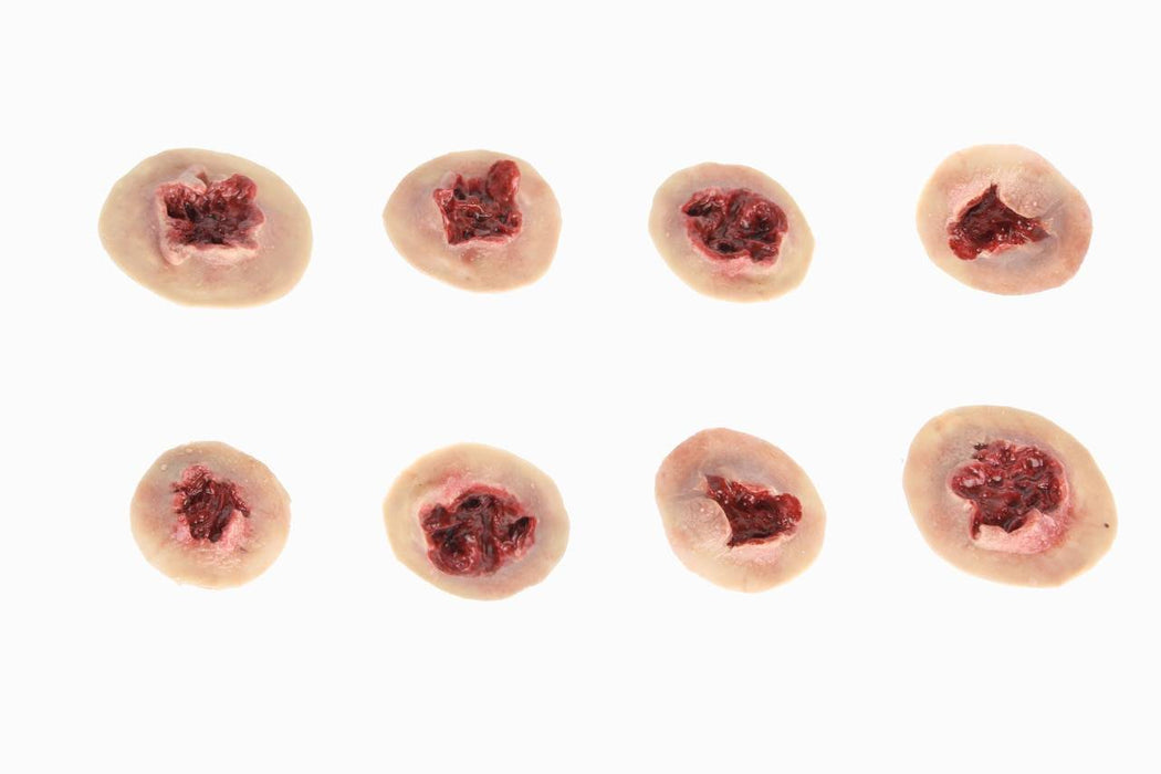 Eight artificial wounds, depicting flesh with simulated blood, are arranged on a white background.
