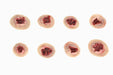 Eight artificial wounds, depicting flesh with simulated blood, are arranged on a white background.