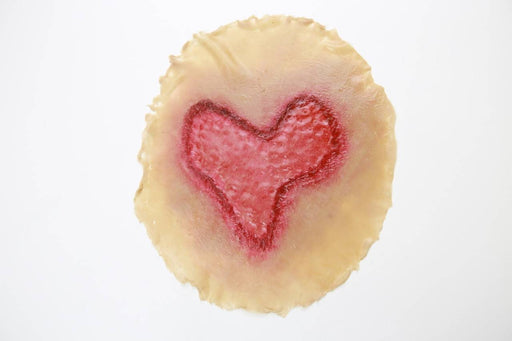 A flesh-colored, irregular disc displays a red heart-shaped mark. The mark appears to be a wound or imprint. The disc rests on a white background.