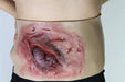 A prosthetic abdomen displays a simulated severe laceration exposing an internal organ. The injury is realistically colored and textured. The context is a studio-like background.