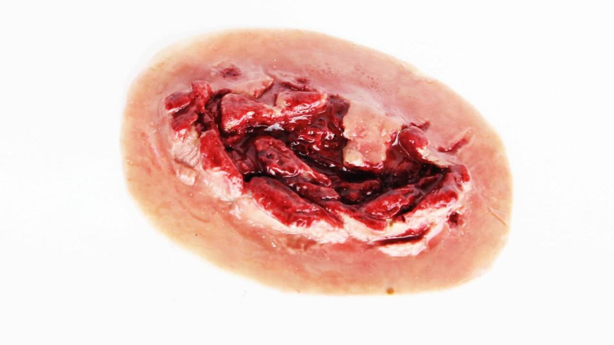 A simulated wound; it is exhibiting a laceration with exposed flesh and simulated blood; on a white background.