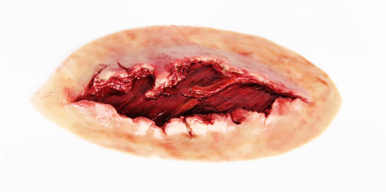 A simulated wound, exhibiting a deep laceration filled with artificial blood, rests on a white background.