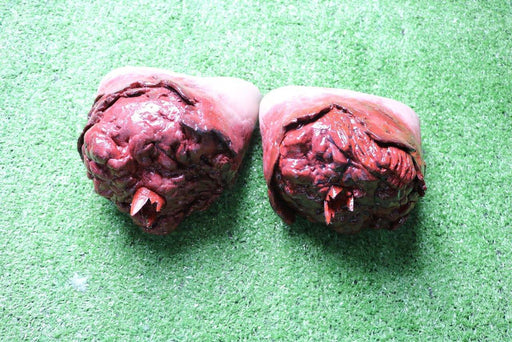 Two gruesome, red, and textured severed body parts rest on artificial turf. Each features a sharp, pointed protrusion.