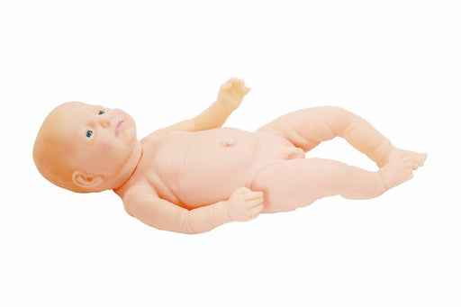 A pale, nude baby doll lies on its back with one arm raised in a blank white space.