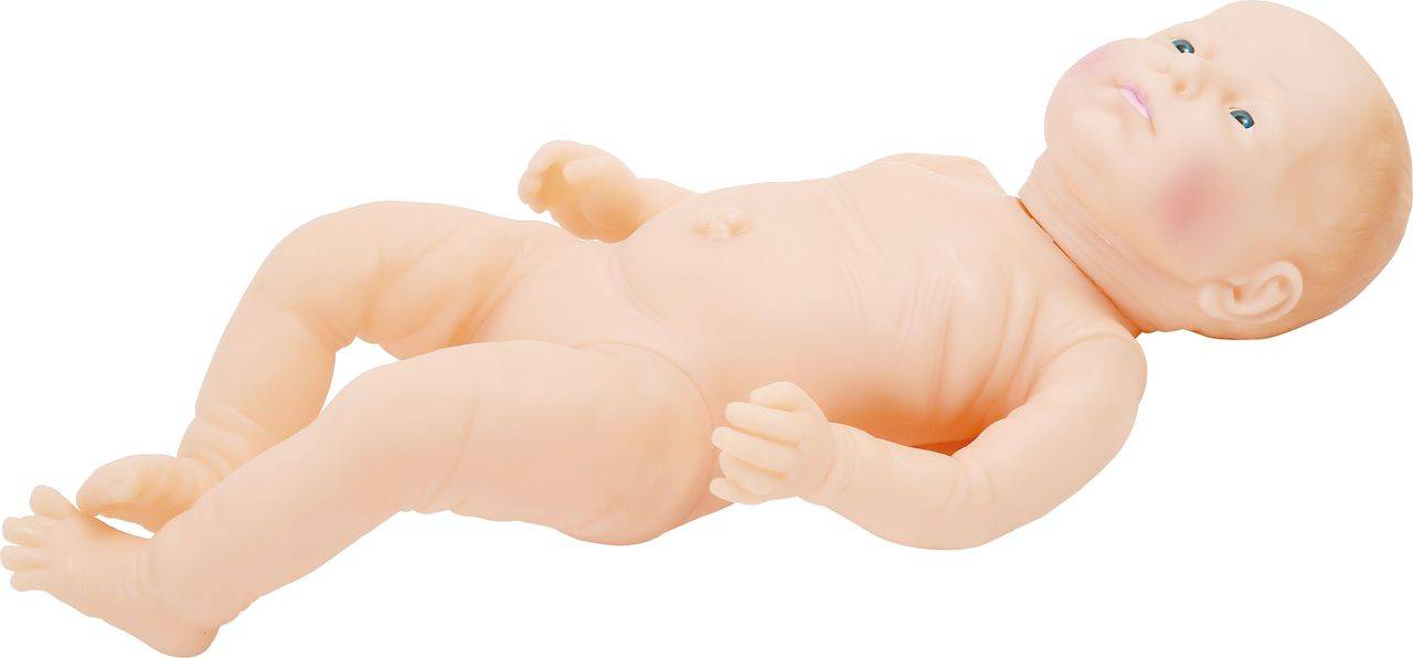 A light-skinned baby doll lays on its back. The doll’s head is turned slightly to the right and its limbs are relaxed against a white background.