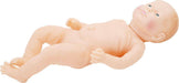 A light-skinned baby doll lays on its back. The doll’s head is turned slightly to the right and its limbs are relaxed against a white background.