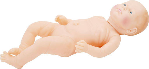 A light-skinned baby doll lays on its back. The doll’s head is turned slightly to the right and its limbs are relaxed against a white background.