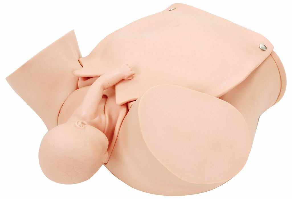 A birthing mannequin shows a baby emerging; its head and one arm are visible. The rest of the baby is inside the mannequin.