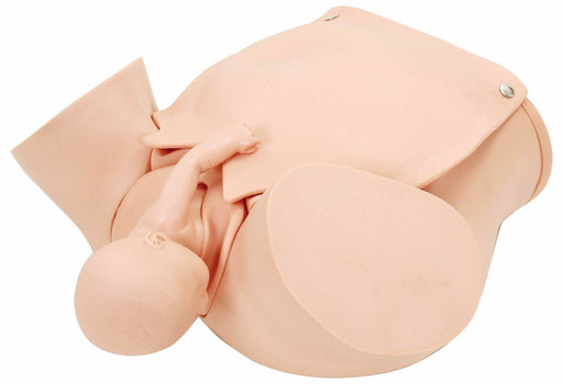 A birthing mannequin shows a baby emerging; its head and one arm are visible. The rest of the baby is inside the mannequin.