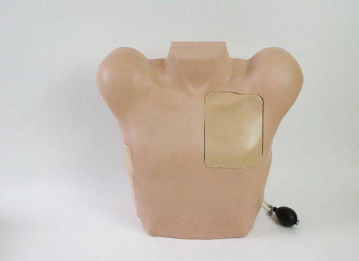 A torso mannequin, featuring a clear patch on the chest, sits on a white surface; a small bulb is connected to the base.