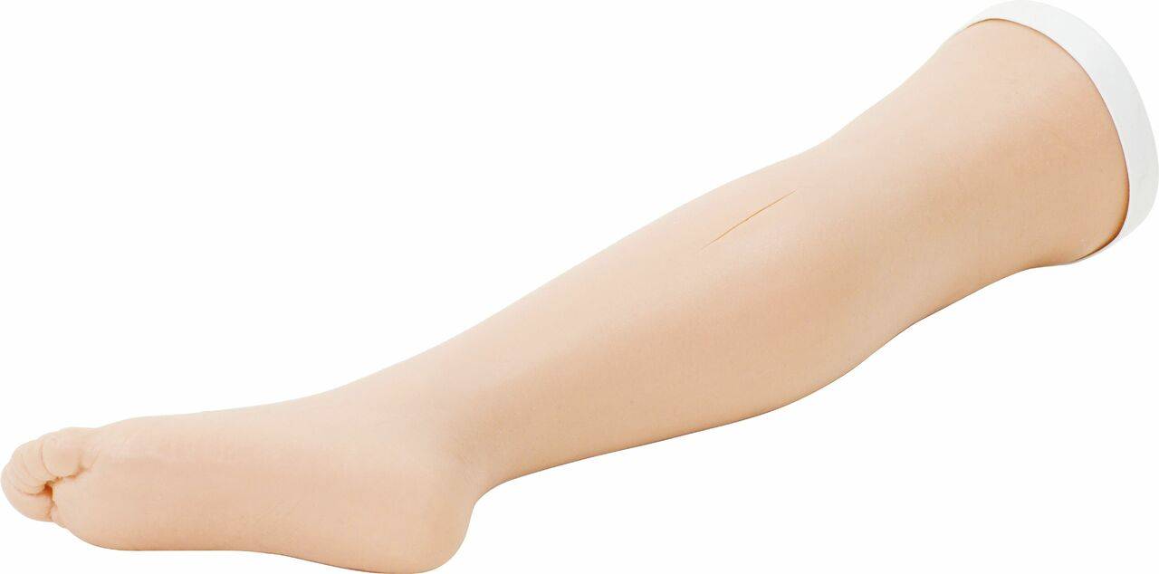 A prosthetic leg lies on a white background.