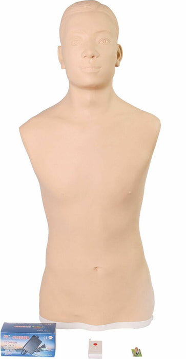 A peach-colored CPR training mannequin stands, posed from the waist up. The mannequin is faceless and situated against a stark white background.