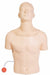 A light-skinned anatomical torso, cropped at mid-thigh and without facial features, stands isolated in a white background. A red circle, connected by a line, is near the left hip.
