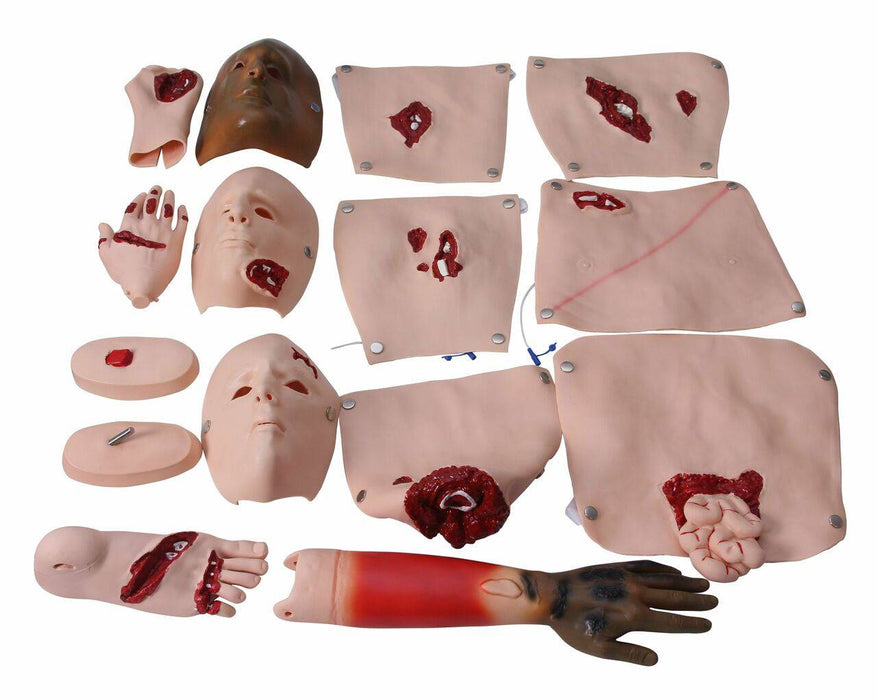 Body parts, including faces, limbs, and skin flaps, display a variety of simulated wounds. The parts are presented on a white surface.