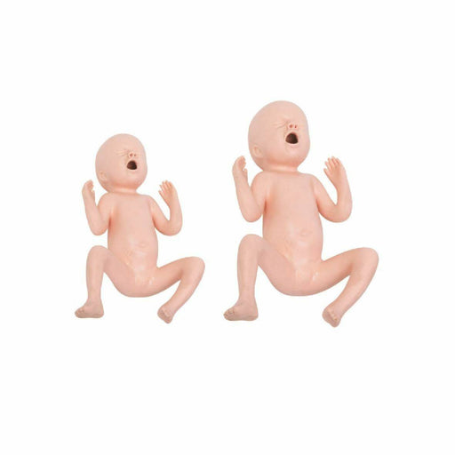 Two skin-toned baby dolls face upwards, arms raised, mouths open in a cry, against a plain white background.