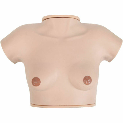 A tan-colored plastic torso mannequin with a short neck and sleeves shows a breast shape on a white background.