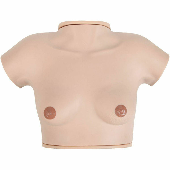 A tan-colored plastic torso mannequin with a short neck and sleeves shows a breast shape on a white background.