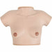 A tan-colored plastic torso mannequin with a short neck and sleeves shows a breast shape on a white background.