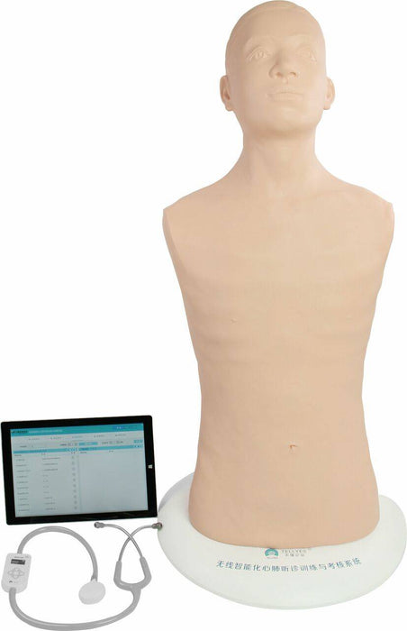 A CPR mannequin stands tall, displaying a human-like torso and head. Adjacent to it, a tablet displays information, accompanied by a stethoscope lying nearby.
