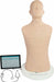 A CPR mannequin stands tall, displaying a human-like torso and head. Adjacent to it, a tablet displays information, accompanied by a stethoscope lying nearby.