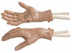 Two anatomical model hands rest on a white surface. The top hand is open, palm-up, and mechanically segmented with visible hardware; the bottom hand is palm-down, slightly clenched. Both reveal simulated bones at the wrists.