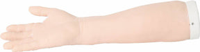 A prosthetic arm extends toward the left, fingers slightly spread, with a white cuff at the shoulder end against a white background.