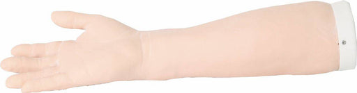 A prosthetic arm extends toward the left, fingers slightly spread, with a white cuff at the shoulder end against a white background.